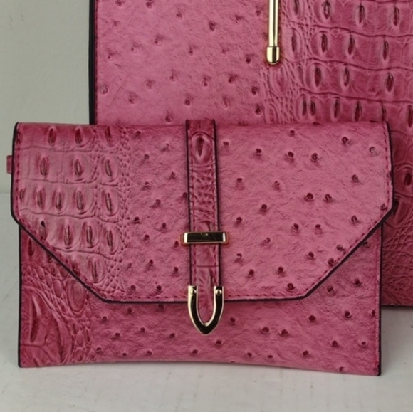 Hot Pink Faux Ostrich Brahmin-Like Hand-Bag Crossbody W/Matching Wristlet NWOT - Picture 3 of 16